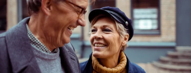 Eine Frau und ein Mann um die 60, gehen spazieren bei ihrem gemeinsamen Date.